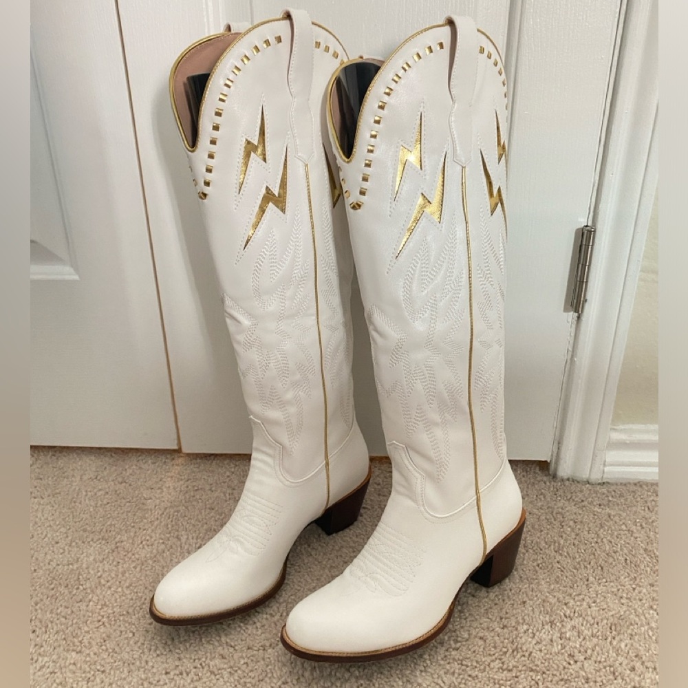 Faux leather white and gold cowboy boots